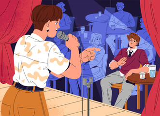 Funny comedian tells jokes with microphone at standup show, comedy performance. Creative comic communicates with audience, spectator, spotlighted guest from Open mic stage. Flat vector illustration