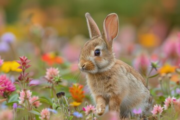 Fototapeta premium Baby Rabbit: A small, furry baby rabbit with long ears and bright eyes, hopping through a meadow filled with colorful flowers.