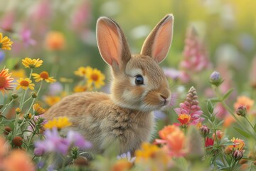 Obraz premium Baby Rabbit: A small, furry baby rabbit with long ears and bright eyes, hopping through a meadow filled with colorful flowers.