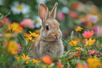 Fototapeta premium Baby Rabbit: A small, furry baby rabbit with long ears and bright eyes, hopping through a meadow filled with colorful flowers.