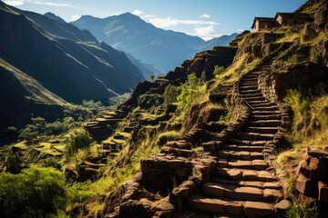 Agricultural terraces and ruins in Pisac, Peru., generative IA