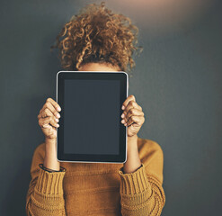 Cover face, studio and woman with tablet for website review, internet and social media. Mockup...