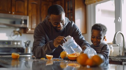 A man and a child are making orange juice