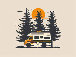 Obraz premium super simplistic camping logo, icon style, trees and a campervan, white background, simple style, simple icons