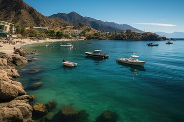 Obraz premium Taganga lookout ocean, mountains and boats., generative IA