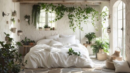A bedroom with a bed, plants, and a window