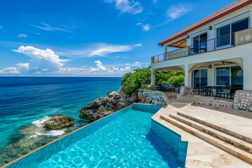 Fototapeta premium Ocean front property house with a swimming pool and access to the water