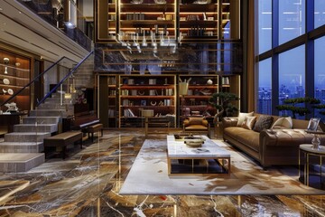Naklejka premium In the luxury home library, the interior decor features a harmonious blend of textures and colors, creating a serene environment