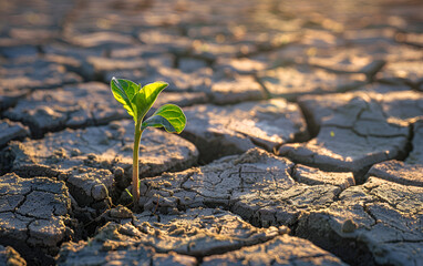 A close up of a small green plant sprouting on cracked dry land, symbolizing life in the face of harsh conditions and environmental challenges, enviromental care concept, world environment day, plant 
