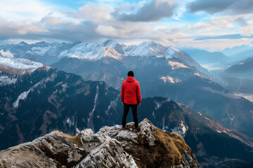 A man standing on top of a mountain looking at a mountain