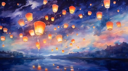 Watercolor painting of a lantern festival, floating lanterns, night sky, serene atmosphere