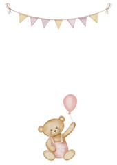 Watercolor Template for greeting card with Teddy Bear, balloon and garland. Drawing of frame with little cute animal in pastel brown and pink colors for Baby shower invitations or happy birthday.