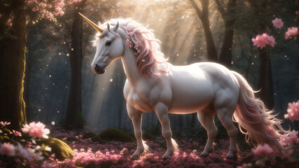Naklejka premium A unicorn is standing in a forest. The unicorn is white with a pink mane and tail, and a golden horn. The forest is full of pink flowers.