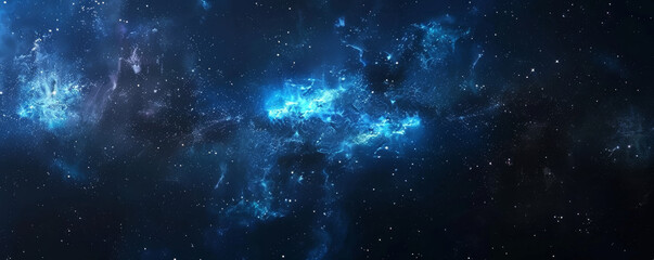 Fototapeta premium Mysterious space background with dark blue and black nebulae, bright stars, and shadowy voids.