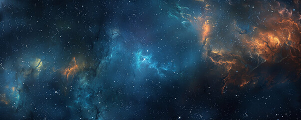 Fototapeta premium Mysterious space background with deep black and blue hues, glowing stars, and dense nebulae.