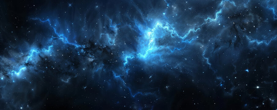 Mysterious space background with dark blue and black nebulae, bright stars, and shadowy voids.