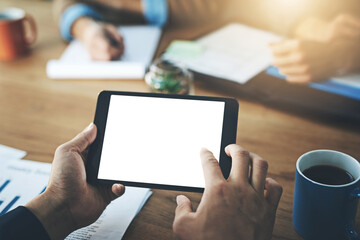 Business person, hands and tablet with screen in meeting for advertising or marketing agency at office. Closeup of employee with team, technology display or app for digital innovation on mockup space