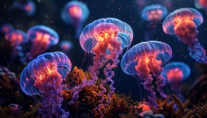 Surreal underwater scene with glowing jellyfish and coral reefs