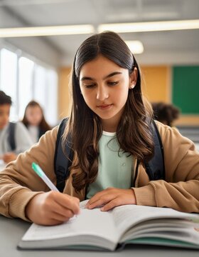 Una adolescente hispana de 15 a&ntilde;os en la escuela, concentrada en una clase.