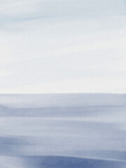 Fototapeta premium Sea landscape watercolor background. Illustration of cloudy sky and marine with little waves. Tranquil Seascape with ocean in blue colors. Vertical backdrop for poster. Drawing with horizon.
