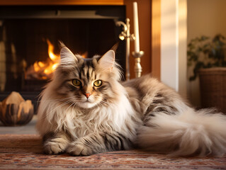 Close up of a fluffy cat lying on a rug in front of a fireplace