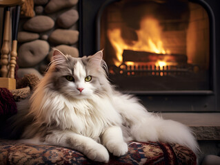 Close up of a fluffy cat lying on a rug in front of a fireplace
