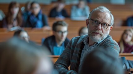 Fototapeta premium Photo of an adult professor giving a lecture to a group of university students and looking at the camera.