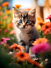 Close up of a cute curious kitten exploring a garden full of colorful flowers