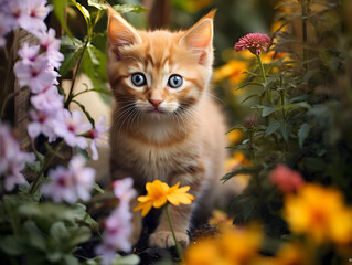 Close up of a cute curious kitten exploring a garden full of colorful flowers