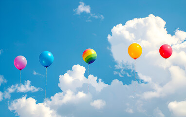 colored balloons against the sky. Colorful balloons ascending into the bright blue sky. Balloon Lifting Off Aspiration and Freedom Isolated on White Background.