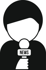 Simple black and white icon of a journalist holding a microphone with the word news