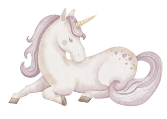 Unicorn watercolor illustration. Drawing of cute little Horse with horn for Baby shower greeting cards or childish birthday invitation. Pony for girls nursery wall art. Pastel Fantasy creature for kid