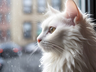 Obraz premium Close up portrait of a beautiful cat sitting on window sill and looking outside, rainy day