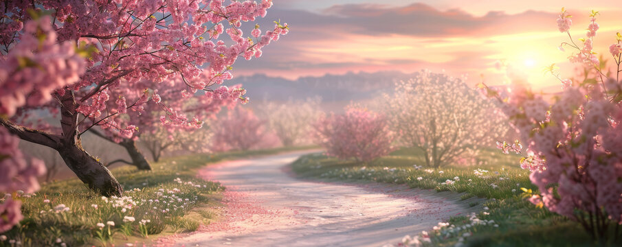 Serene spring background with cherry blossoms, a winding path, and a pastel sky.