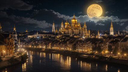 Obraz premium The image is a painting of a cityscape at night. There is a full moon in the sky and a river in front of the city. The city is made up of many buildings, including a large cathedral with golden domes.