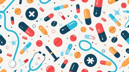 Seamless background with flat illustration of medical icons like stethoscopes and pills.