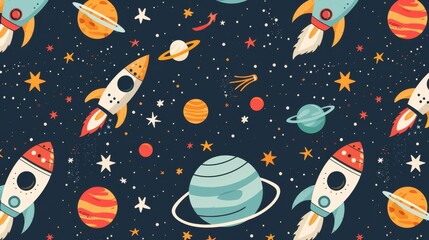 Flat design of celestial themes like planets and rocket ships in a seamless pattern for a space theme.