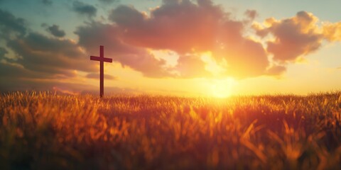 Naklejka premium Warm golden light envelopes a lone cross in a meadow, symbolizing hope and spiritual reflection at sunset