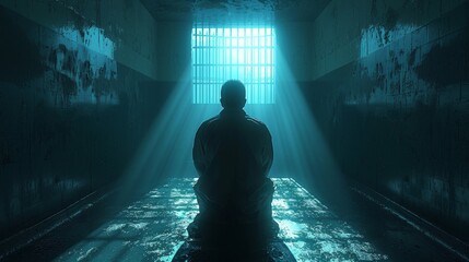 Man in silhouette sitting facing window bars as rays of light pour into a dark, eerie room