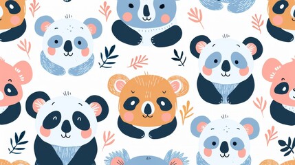 Fototapeta premium Flat illustration of cute animals like pandas and koalas in a seamless pattern for a playful design.