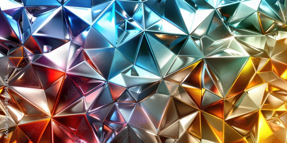 Poster abstract geometric pattern with colorful metallic surface, reflecting various hues and light, creati