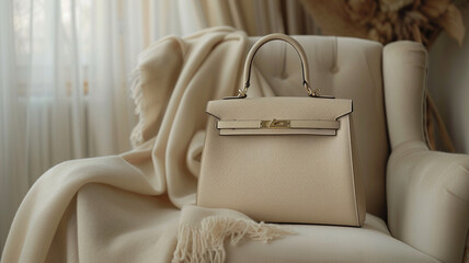 Beige trendy women's bag, against the background of a beige scarf accessory, lying on a chair. Photos for studios, showrooms, boutiques and shops selling women's accessories.