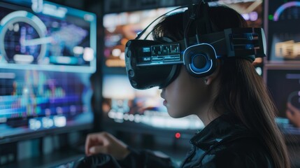 Developer of the STEM platform, future skills Manpower for Asians Young woman working at home office Wearing a VR headset, typing test game on AI IT cyber security