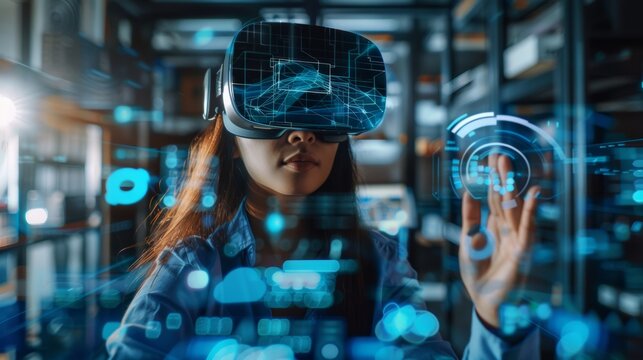 Developer of the STEM platform, future skills Manpower for Asians Young woman working at home office Wearing a VR headset, typing test game on AI IT cyber security - Powered by Adobe