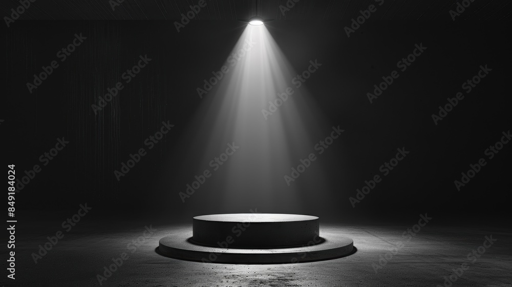 Poster a circular stage illuminated by a spotlight in a dark, empty room, creating a dramatic and focused a