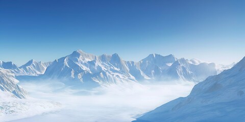 Fototapeta premium Vast snowy landscape with towering mountain peaks under a clear blue sky