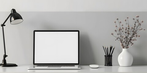 Modern desk with laptop and lamp on concrete wall background, blank screen for mockup or presentation design. Realistic 3D rendering of modern office interior design with copy space.