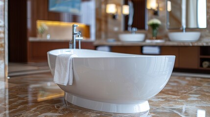 A modern, luxurious bathroom featuring a white freestanding tub with a towel, elegant decor, and marble flooring.