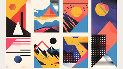 Obraz premium Set Of Swiss Design Inspired Background Vector Illustration. Cool Geometric Abstract Modernist Placard.