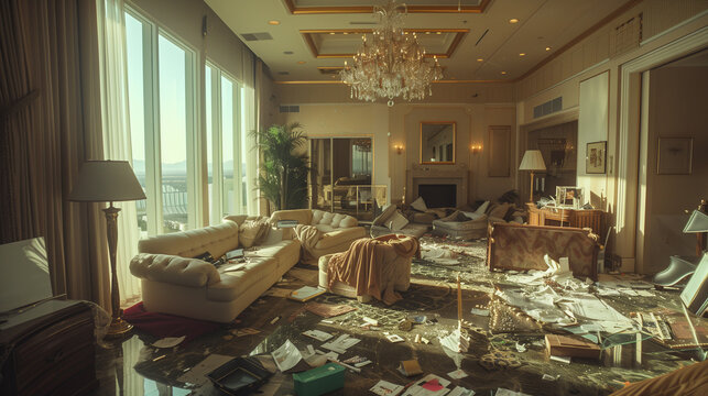 living room in a hotel. wide cinematic shot of a lavish modern vegas hotel suite in the morning that is trashed from a giant party